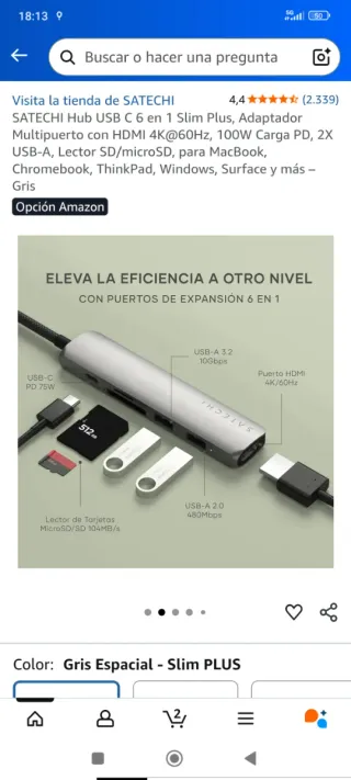 SATECHI Hub USB C 6 en 1 Slim Plus Gris