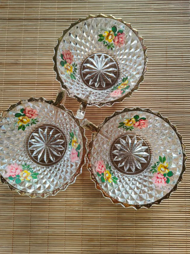 Juego 3 Cuencos Cristal Flores Dorados