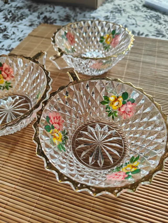 Juego 3 Cuencos Cristal Flores Dorados