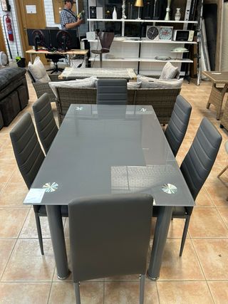 Mesa Comedor Gris + 6 Sillas Acolchadas NUEVA