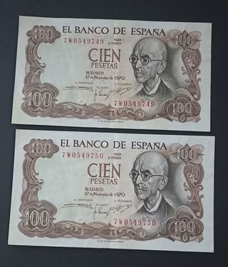 2 Billetes 100 Pesetas 1970 serie 7W