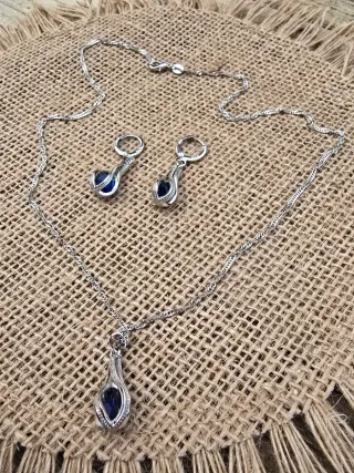 Conjunto Collar y Pendientes Plata Gota Azul