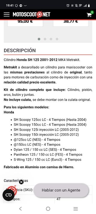 Cilindro Metrakit Honda SH 125cc