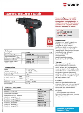 Taladro Atornillador Wurth 12V