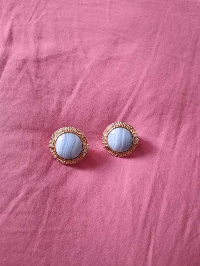 Pendientes Vintage Ágata Azul Claro y Dorado