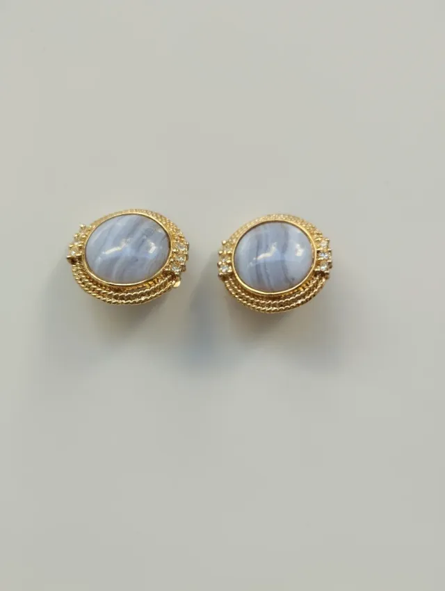 Pendientes Vintage Ágata Azul Claro y Dorado