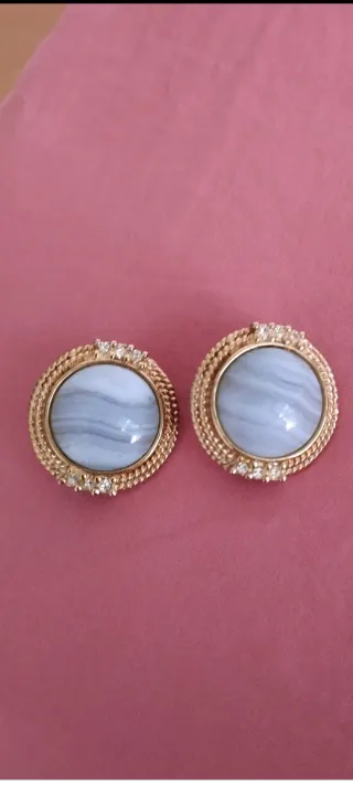 Pendientes Vintage Ágata Azul Claro y Dorado