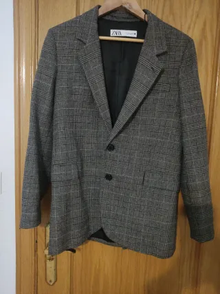 Blazer Zara Recta Cuadros Gris Multicolor