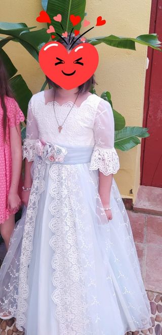 Vestido de Comunión beig y verde agua