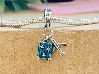 Charm Avión y Maleta Azul - Plata 