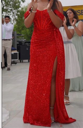 Vestido rojo largo de fiesta lentejuelas