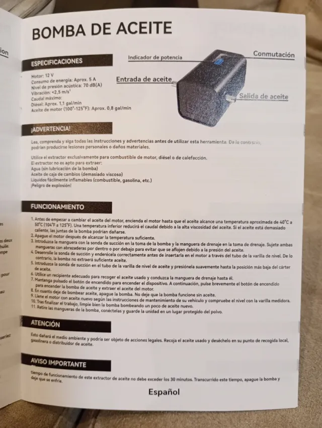Bomba portátil para cambios de aceite.