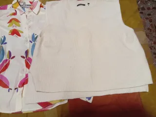 Chaleco lana mujer y camisa estampada pant bolso