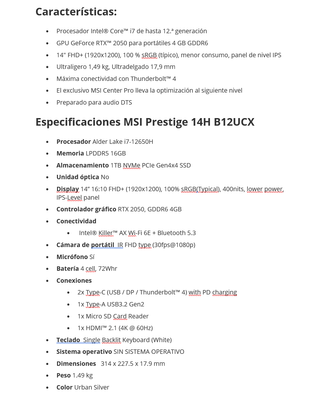 MSI Prestige 14' (28 meses de Garantía)