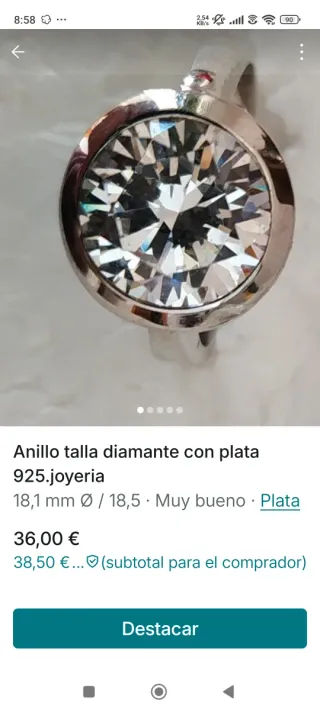 Anillo Plata 925 Circon Talla Diamante