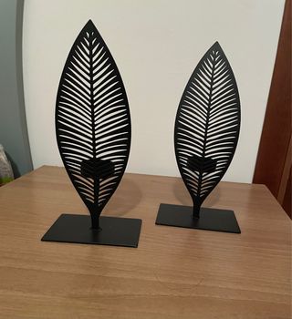 Set 2 Portacandele Foglia Metallo Nero