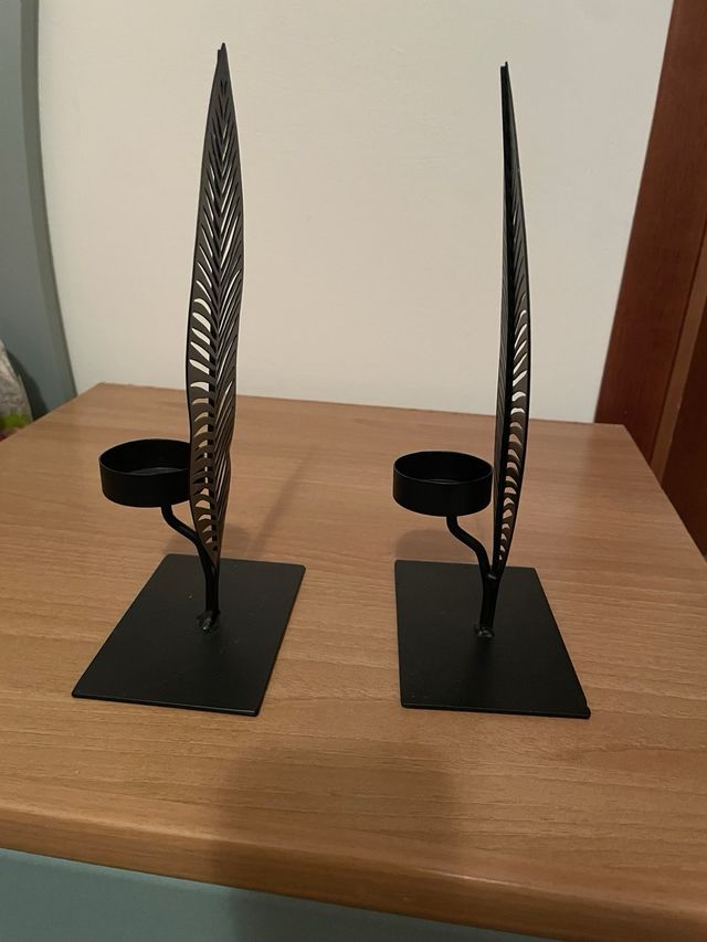 Set 2 Portacandele Foglia Metallo Nero