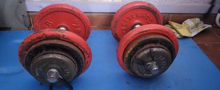 Mancuernas y discos de pesas.