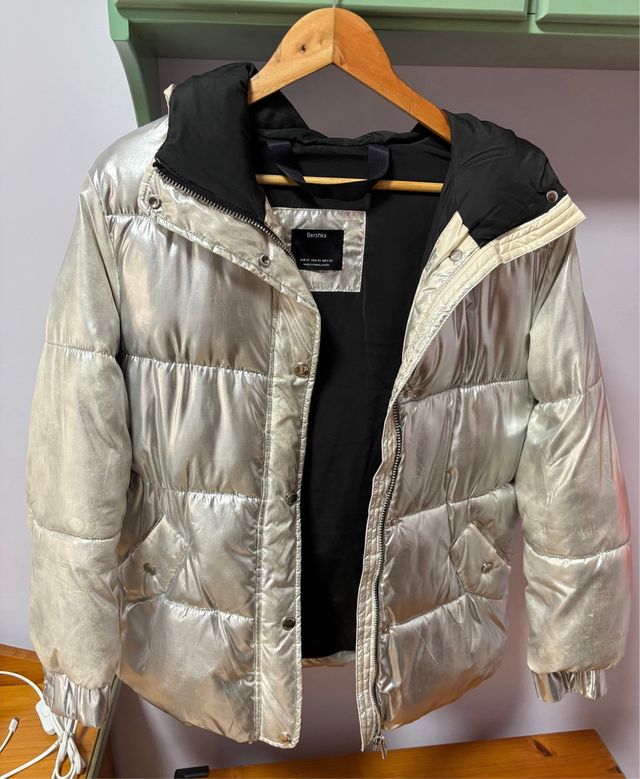 Abrigo acolchado plateado mujer