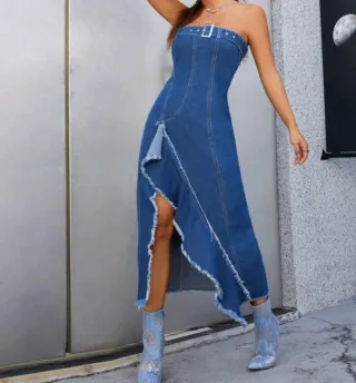 Vestido Denim Midi Palabra de Honor Talla S