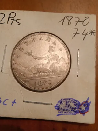 Moneda 2 Pesetas 1870 España Plata