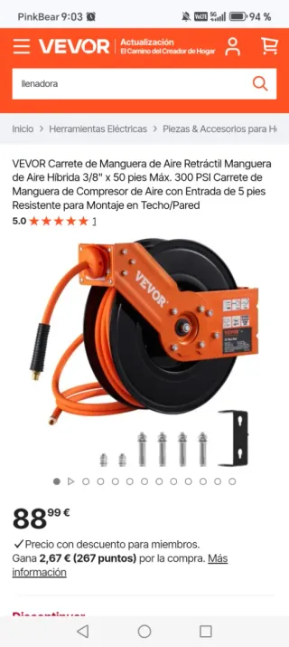 Carrete Manguera Aire Retráctil VEVOR 3/8 x 50ft