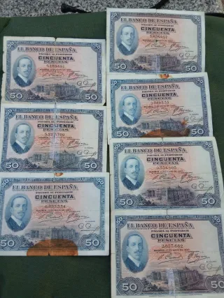 Lote 7 Billetes 50 Pesetas España 1927. 