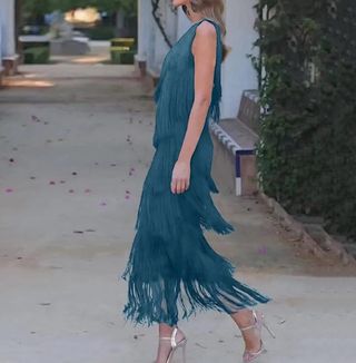Vestido de flecos verde azulado