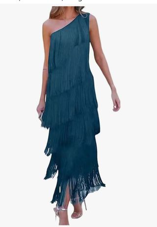 Vestido de flecos verde azulado