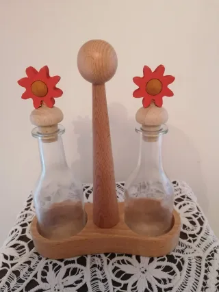 Set Oliera Legno e Vetro Fiori Rossi