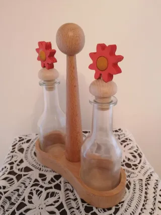 Set Oliera Legno e Vetro Fiori Rossi