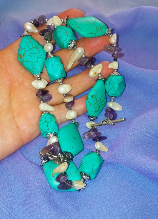 Collana Vintage Ametista,Turchese e Perle barocche
