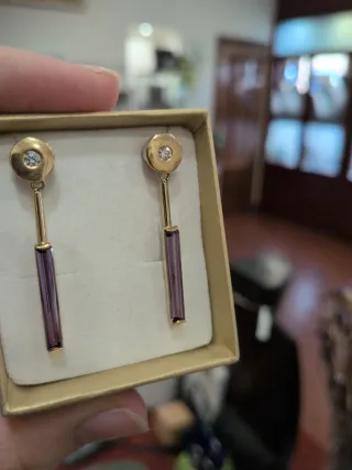 Pendientes Oro Largo Amatista Rectangular