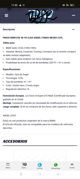 Faros pilotos delanteros BMW E36 angel eyes 