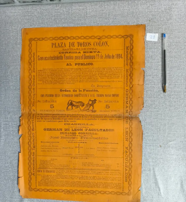Cartel Plaza de Toros Colón 1894