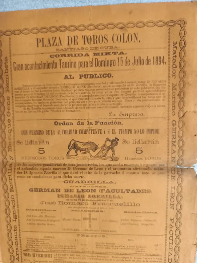 Cartel Plaza de Toros Colón 1894