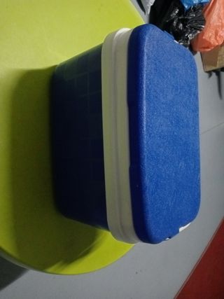 Nevera portátil azul y blanca