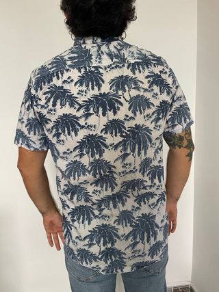 Camisa Hawaiana Vintage Palmeras Azul Blanco