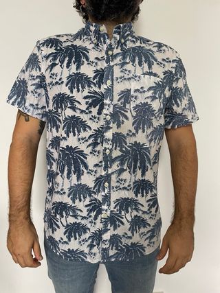 Camisa Hawaiana Vintage Palmeras Azul Blanco