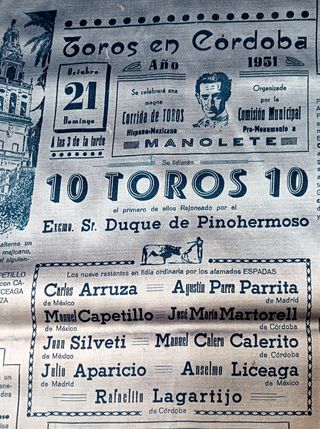 Cartel Toros Córdoba 1951 Manolete