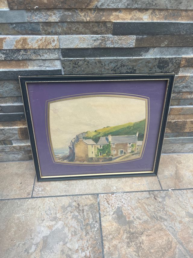 Cuadro paisaje costero acuarela