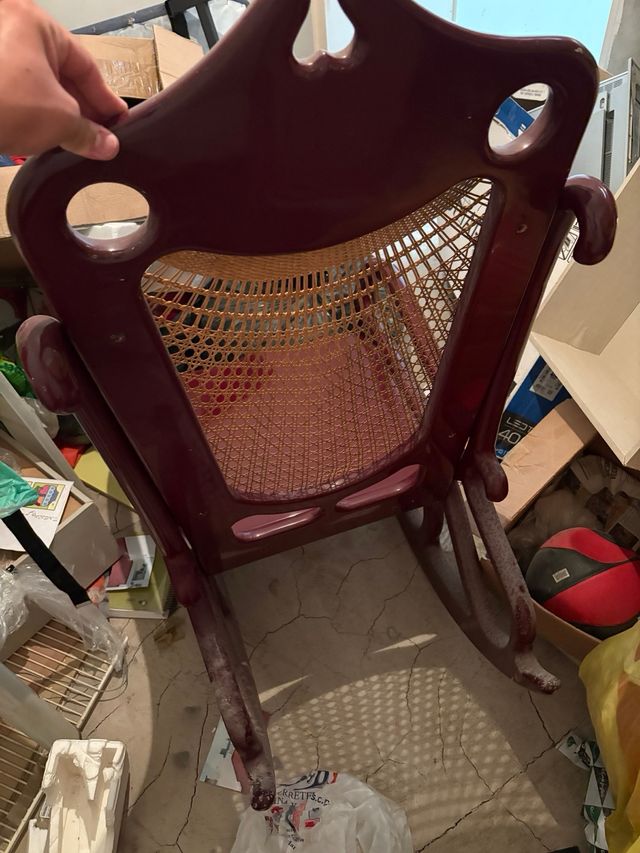 Sedia a dondolo vintage in legno e canna, circa 1920