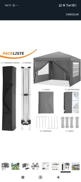 Tenda da giardino 2x2m pieghevole, gazebo grigio