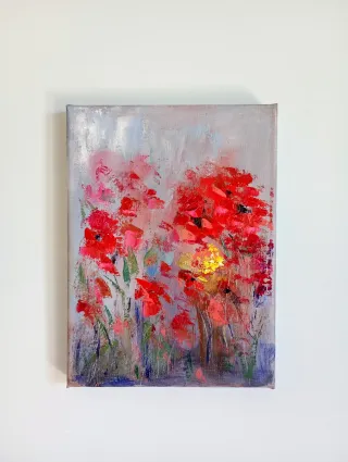 Dipinto astratto olio su tela. Fiori rossi