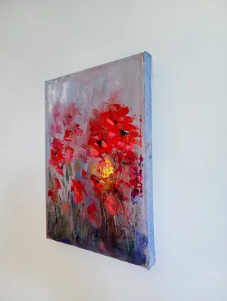 Dipinto astratto olio su tela. Fiori rossi