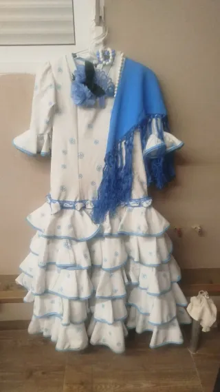 Traje Flamenca Niña 7-9 Años Blanco/Azul