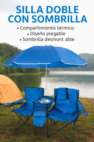 Silla Doble Camping con Sombrilla Azul