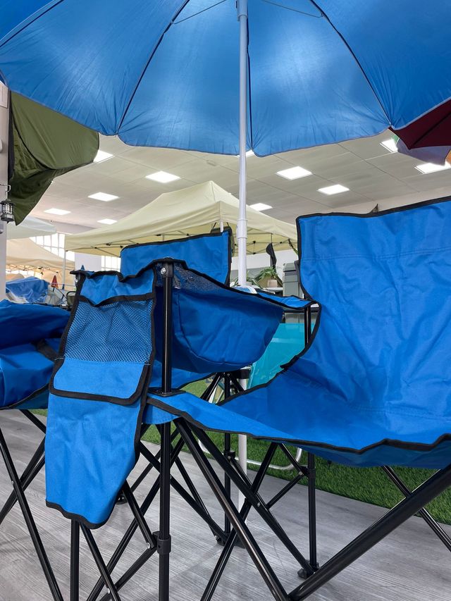 Silla Doble Camping con Sombrilla Azul