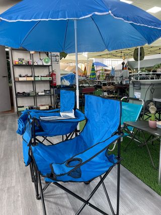 Silla Doble Camping con Sombrilla Azul