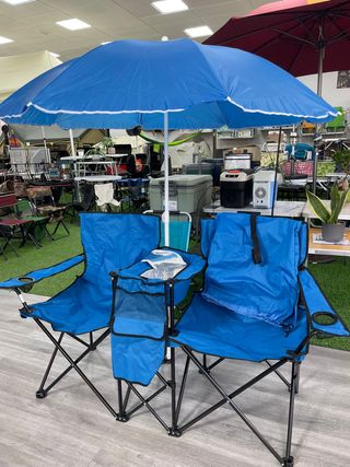 Silla Doble Camping con Sombrilla Azul